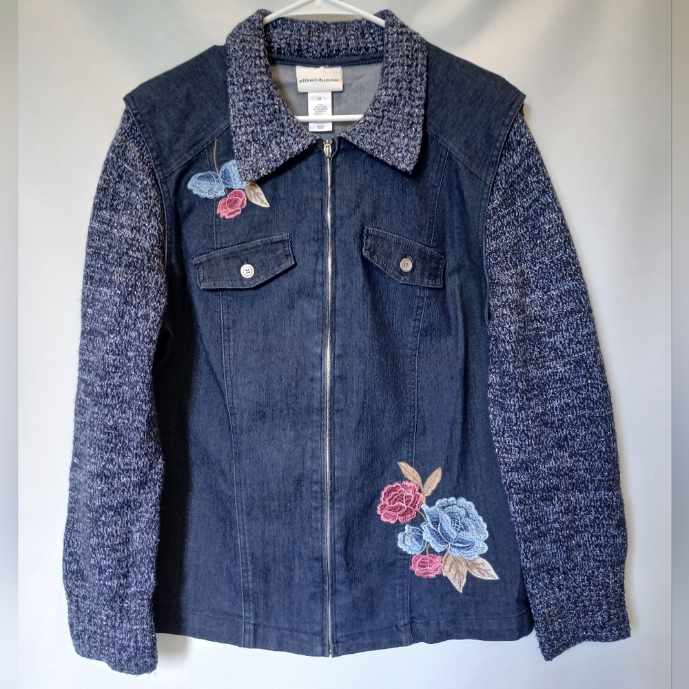 Alfred Dunner Womens Jean Jacket With Knitted Long Sleeves Size 12 IN Color Blue